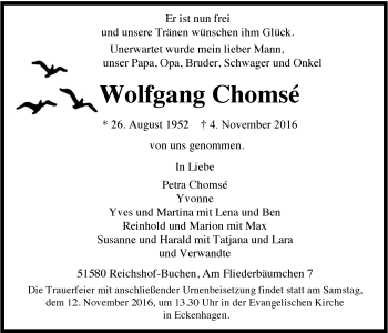 Anzeige von Wolfgang Chomsé von  Anzeigen Echo 
