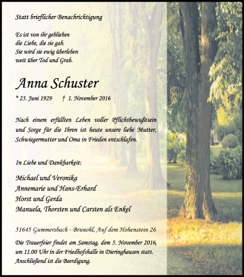 Anzeige von Anna Schuster von Kölner Stadt-Anzeiger / Kölnische Rundschau / Express