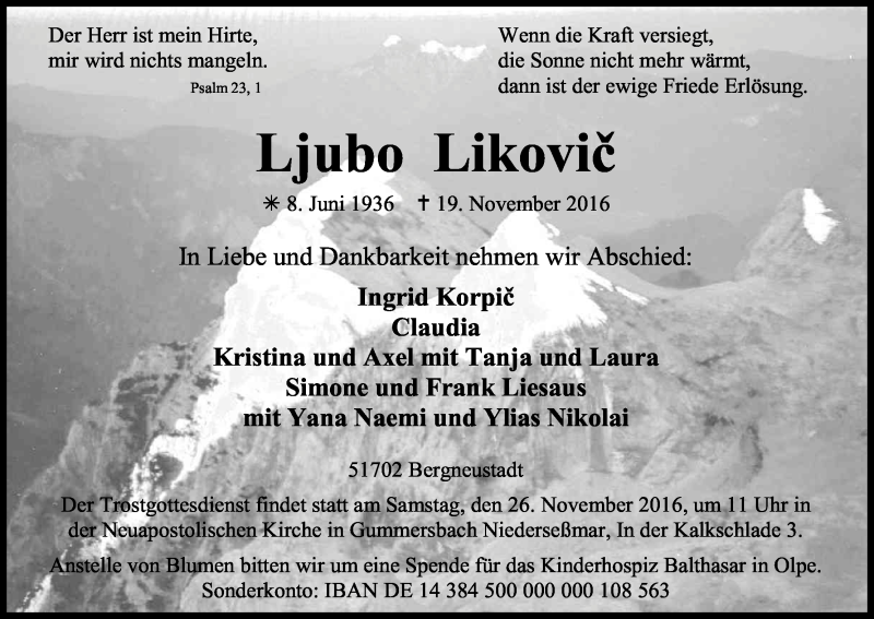  Traueranzeige für Ljubo Likovic vom 22.11.2016 aus Kölner Stadt-Anzeiger / Kölnische Rundschau / Express