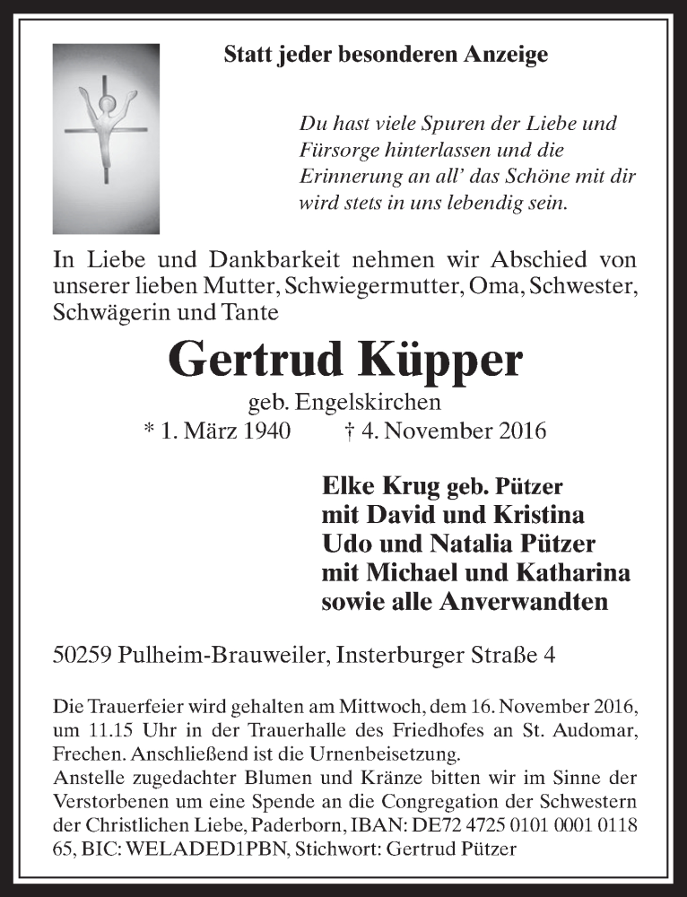  Traueranzeige für Gertrud Küpper vom 09.11.2016 aus  Wochenende 