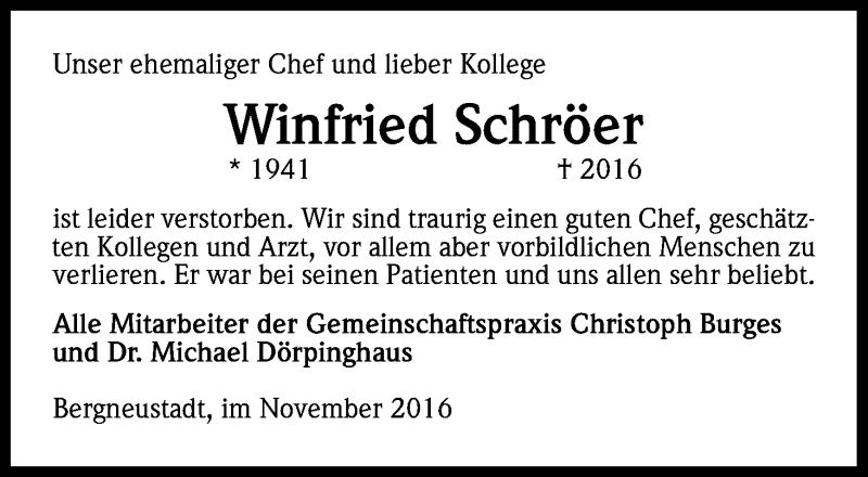  Traueranzeige für Winfried Schröer vom 19.11.2016 aus Kölner Stadt-Anzeiger / Kölnische Rundschau / Express