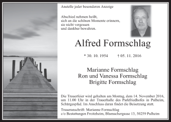 Anzeige von Alfred Formschlag von  Wochenende 