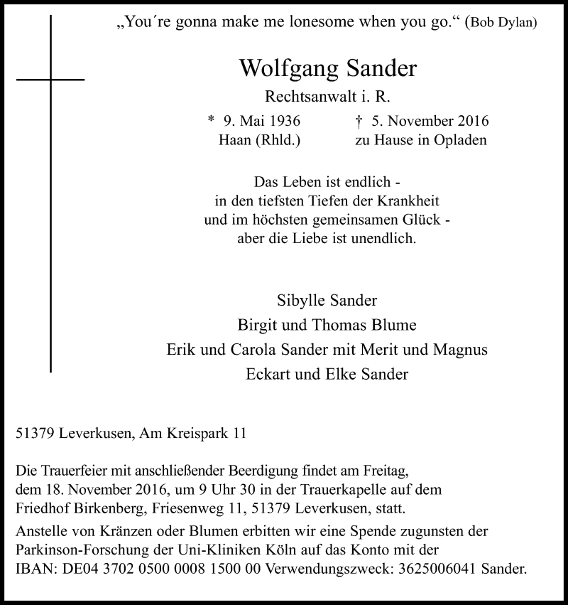  Traueranzeige für Wolfgang Sander vom 12.11.2016 aus Kölner Stadt-Anzeiger / Kölnische Rundschau / Express