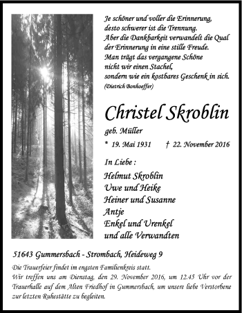 Anzeige von Christel Skroblin von Kölner Stadt-Anzeiger / Kölnische Rundschau / Express