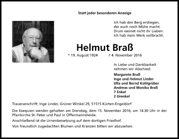 Anzeige von Helmut Braß von Kölner Stadt-Anzeiger / Kölnische Rundschau / Express