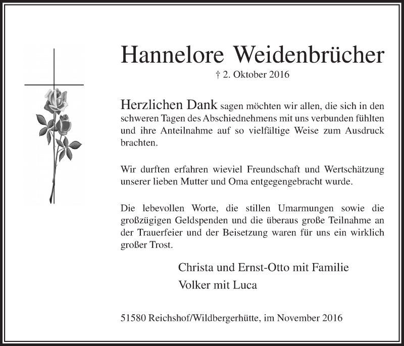  Traueranzeige für Hannelore Weidenbrücher vom 16.11.2016 aus  Anzeigen Echo  Lokalanzeiger 