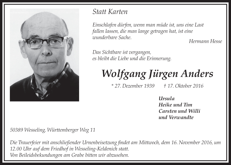  Traueranzeige für Wolfgang Jürgen Anders vom 09.11.2016 aus  Schlossbote/Werbekurier 
