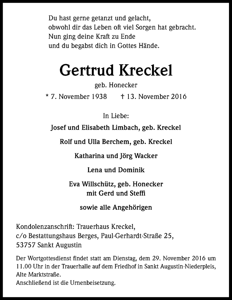  Traueranzeige für Gertrud Kreckel vom 16.11.2016 aus Kölner Stadt-Anzeiger / Kölnische Rundschau / Express