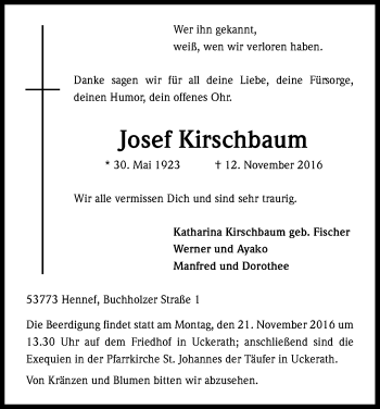 Anzeige von Josef Kirschbaum von Kölner Stadt-Anzeiger / Kölnische Rundschau / Express