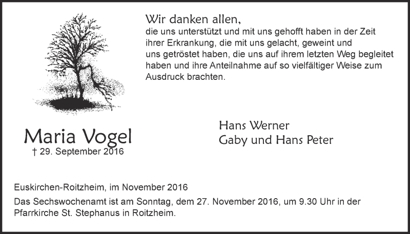  Traueranzeige für Maria Vogel vom 19.11.2016 aus  Blickpunkt Euskirchen 