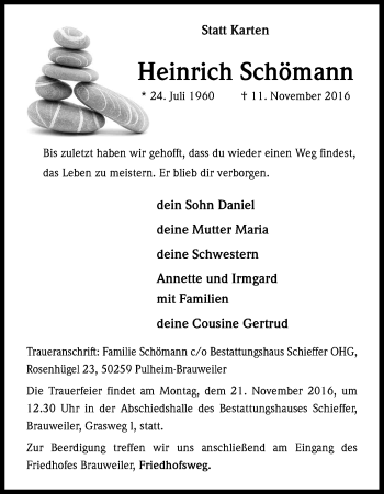 Anzeige von Heinrich Schömann von Kölner Stadt-Anzeiger / Kölnische Rundschau / Express