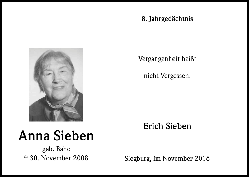 Traueranzeige für Anna Sieben vom 30.11.2016 aus Kölner Stadt-Anzeiger / Kölnische Rundschau / Express