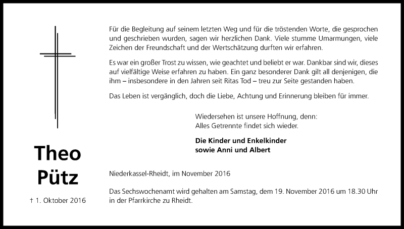  Traueranzeige für Theo Pütz vom 12.11.2016 aus Kölner Stadt-Anzeiger / Kölnische Rundschau / Express