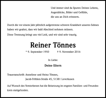 Anzeige von Reiner Tönnes von Kölner Stadt-Anzeiger / Kölnische Rundschau / Express