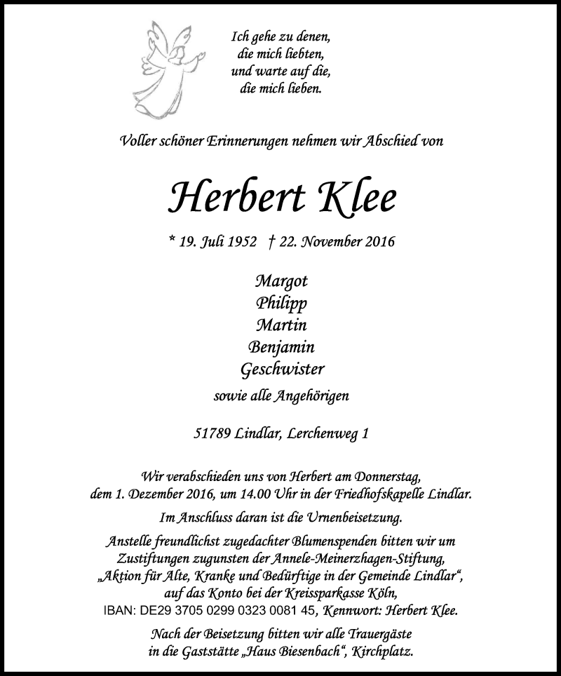  Traueranzeige für Herbert Klee vom 26.11.2016 aus Kölner Stadt-Anzeiger / Kölnische Rundschau / Express