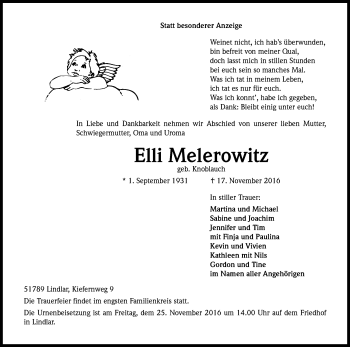 Anzeige von Elli Melerowitz von Kölner Stadt-Anzeiger / Kölnische Rundschau / Express