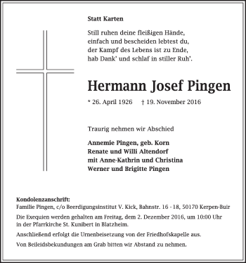 Anzeige von Hermann Josef Pingen von  Sonntags-Post 