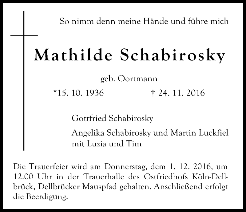  Traueranzeige für Mathilde Schabirosky vom 28.11.2016 aus Kölner Stadt-Anzeiger / Kölnische Rundschau / Express
