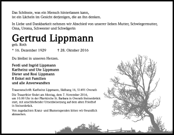 Anzeige von Gertrud Lippmann von Kölner Stadt-Anzeiger / Kölnische Rundschau / Express