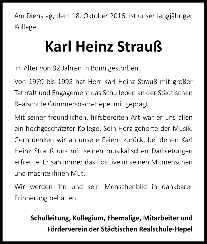  Traueranzeige für Karl Heinz Strauß vom 10.11.2016 aus Kölner Stadt-Anzeiger / Kölnische Rundschau / Express