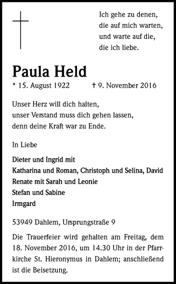 Anzeige von Paula Held von Kölner Stadt-Anzeiger / Kölnische Rundschau / Express