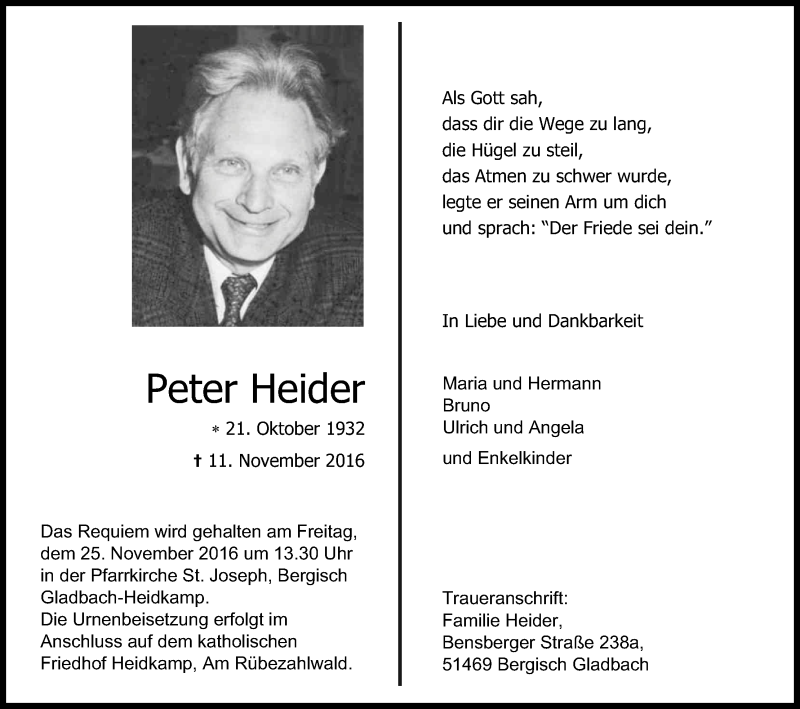 Traueranzeige für Peter Heider vom 19.11.2016 aus Kölner Stadt-Anzeiger / Kölnische Rundschau / Express