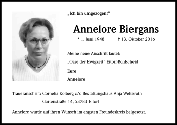Anzeige von Annelore Biergans von Kölner Stadt-Anzeiger / Kölnische Rundschau / Express