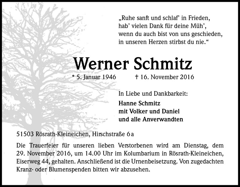  Traueranzeige für Werner Schmitz vom 23.11.2016 aus Kölner Stadt-Anzeiger / Kölnische Rundschau / Express