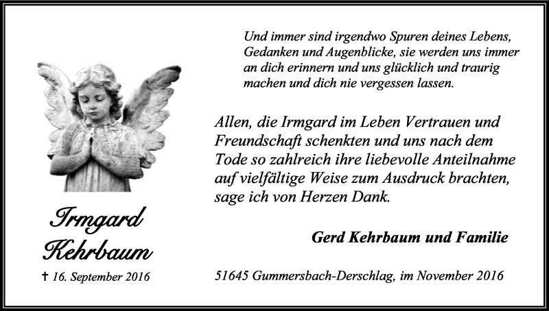  Traueranzeige für Irmgard Kehrbaum vom 12.11.2016 aus Kölner Stadt-Anzeiger / Kölnische Rundschau / Express