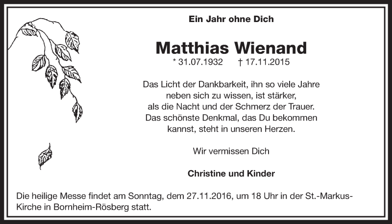  Traueranzeige für Matthias Wienand vom 23.11.2016 aus  Schlossbote/Werbekurier 