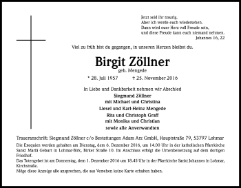 Anzeige von Birgit Zöllner von Kölner Stadt-Anzeiger / Kölnische Rundschau / Express