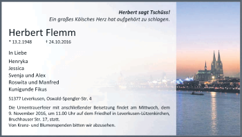 Anzeige von Herbert Flemm von Kölner Stadt-Anzeiger / Kölnische Rundschau / Express