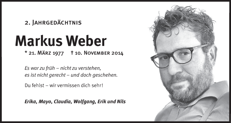  Traueranzeige für Markus Weber vom 16.11.2016 aus  Kölner Wochenspiegel 