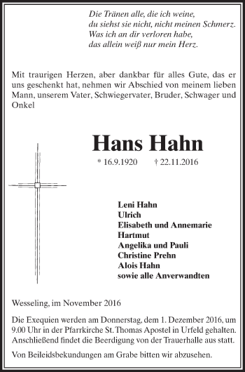 Anzeige von Hans Hahn von  Schlossbote/Werbekurier 