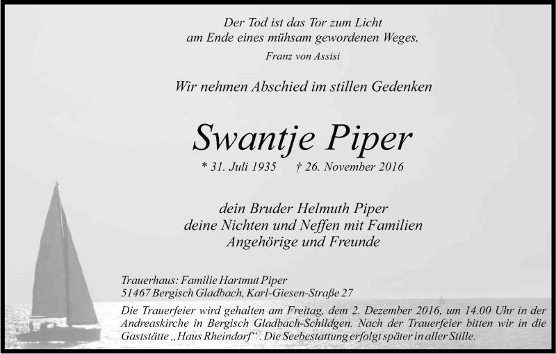  Traueranzeige für Swantje Piper vom 30.11.2016 aus Kölner Stadt-Anzeiger / Kölnische Rundschau / Express