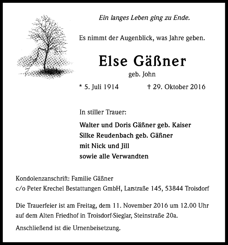  Traueranzeige für Else Gäßner vom 05.11.2016 aus Kölner Stadt-Anzeiger / Kölnische Rundschau / Express