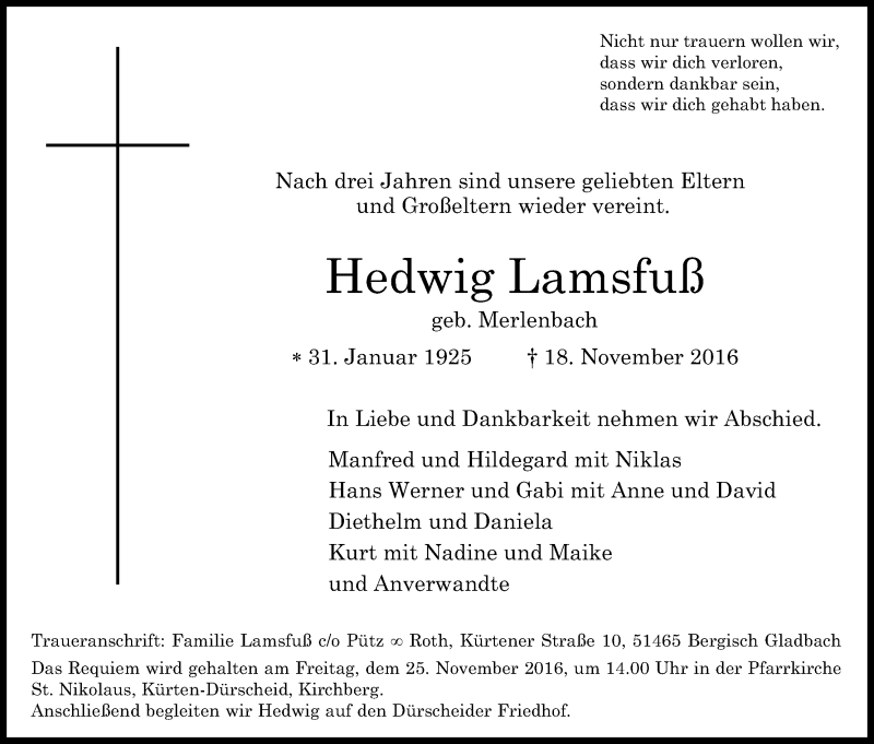  Traueranzeige für Hedwig Lamsfuß vom 23.11.2016 aus Kölner Stadt-Anzeiger / Kölnische Rundschau / Express
