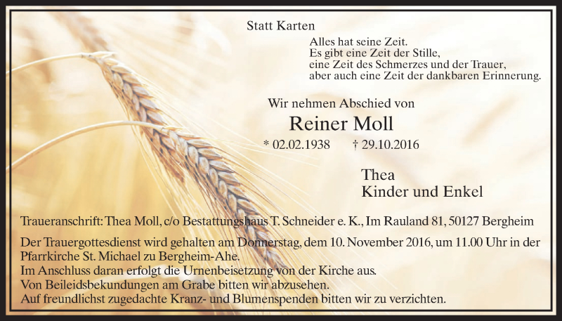  Traueranzeige für Reiner Moll vom 05.11.2016 aus  Sonntags-Post 