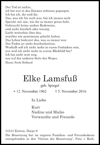 Anzeige von Elke Lamsfuß von Kölner Stadt-Anzeiger / Kölnische Rundschau / Express