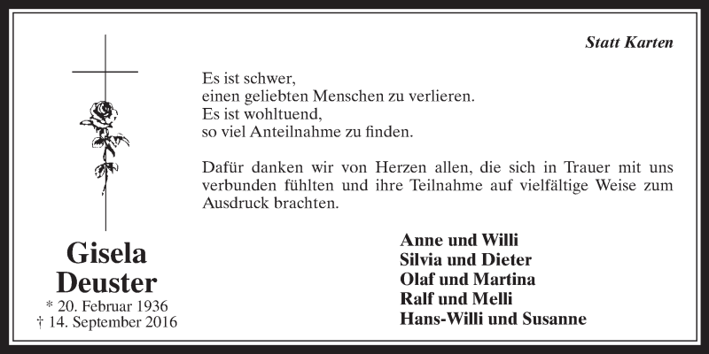  Traueranzeige für Gisela Deuster vom 16.11.2016 aus  Schaufenster/Blickpunkt 