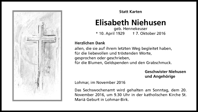  Traueranzeige für Elisabeth Niehusen vom 12.11.2016 aus Kölner Stadt-Anzeiger / Kölnische Rundschau / Express