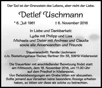 Anzeige von Detlef Uschmann von Kölner Stadt-Anzeiger / Kölnische Rundschau / Express