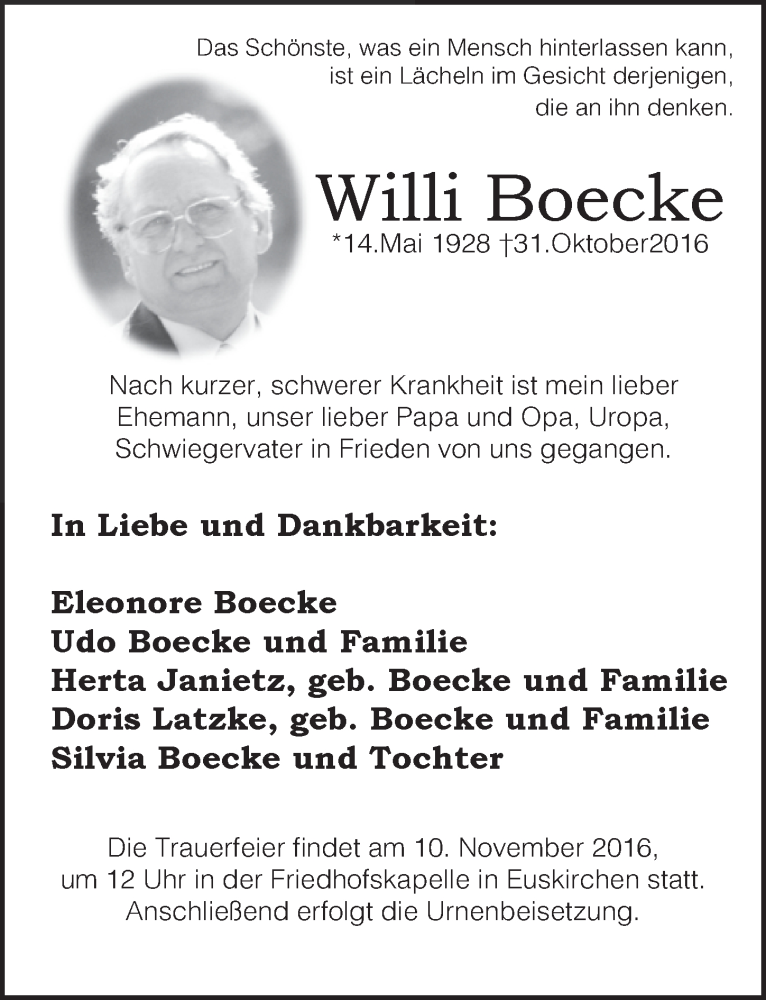  Traueranzeige für Willi Boecke vom 05.11.2016 aus  Blickpunkt Euskirchen 