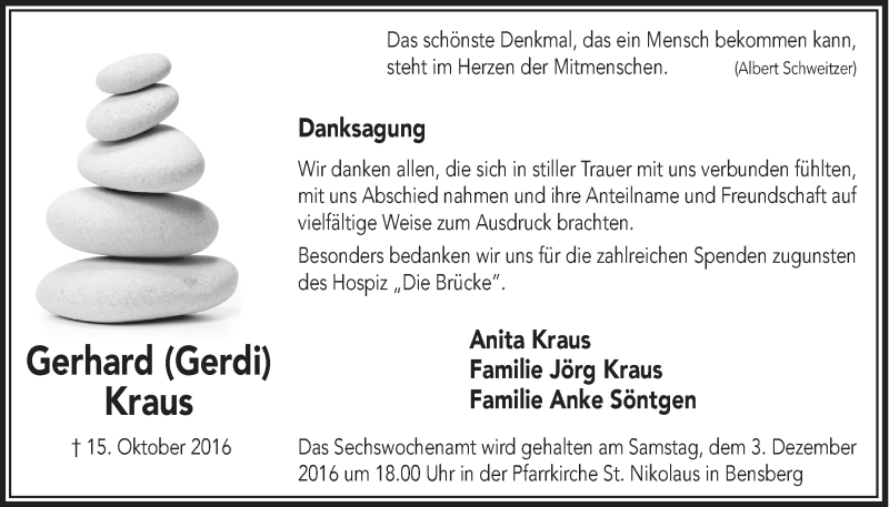  Traueranzeige für Gerhard Kraus vom 26.11.2016 aus  Bergisches Sonntagsblatt 