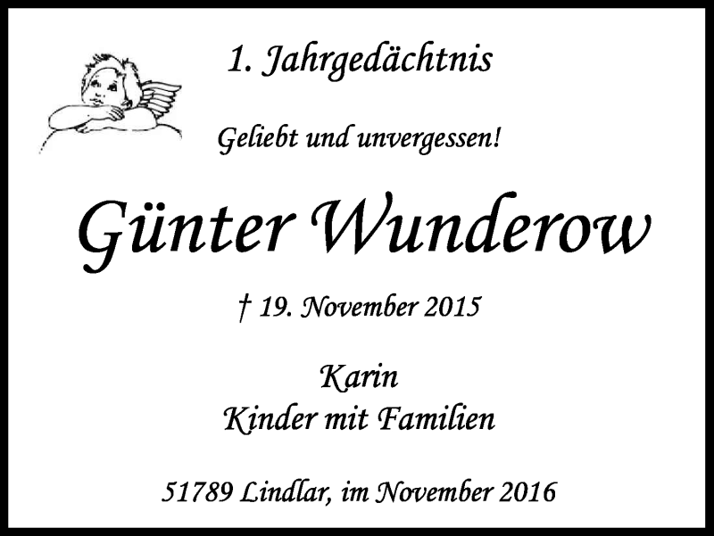  Traueranzeige für Günter Wunderow vom 19.11.2016 aus Kölner Stadt-Anzeiger / Kölnische Rundschau / Express