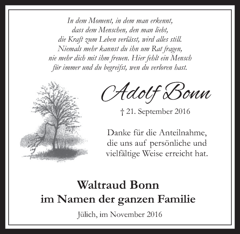  Traueranzeige für Adolf Bonn vom 05.11.2016 aus  Sonntags-Post 