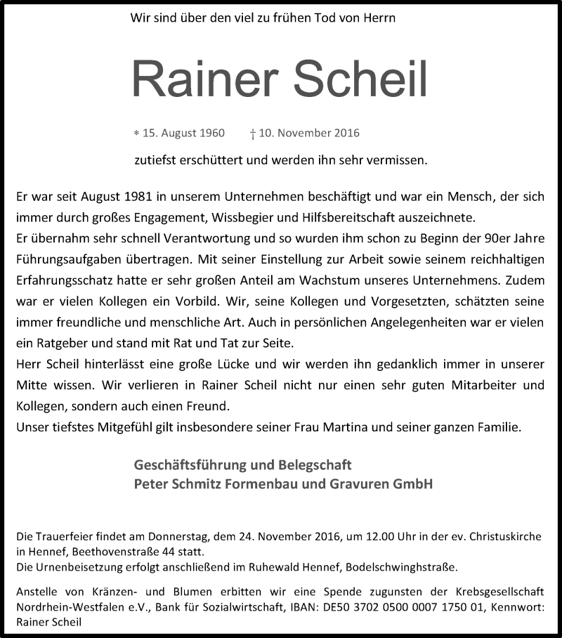  Traueranzeige für Rainer Scheil vom 16.11.2016 aus Kölner Stadt-Anzeiger / Kölnische Rundschau / Express