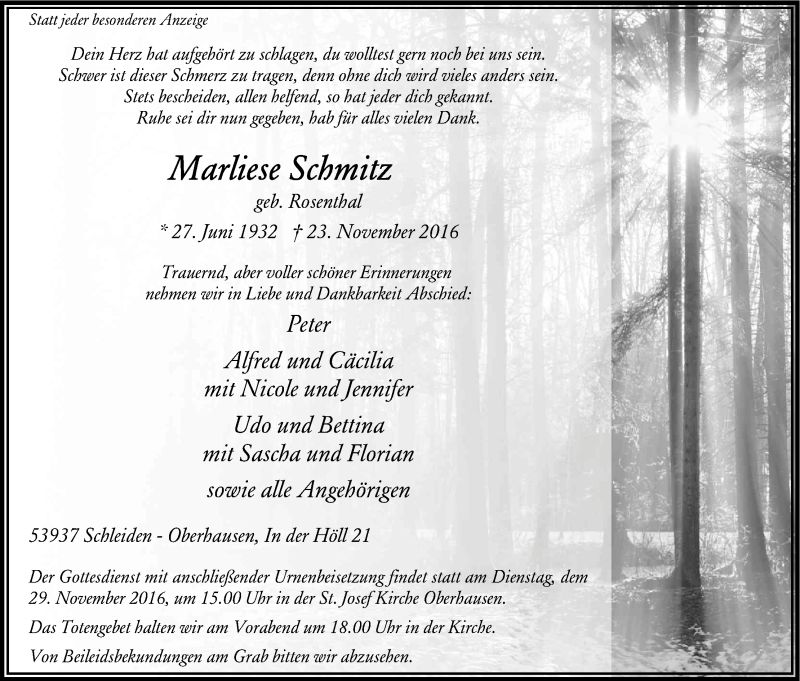 Traueranzeige für Marliese Schmitz vom 25.11.2016 aus Kölner Stadt-Anzeiger / Kölnische Rundschau / Express