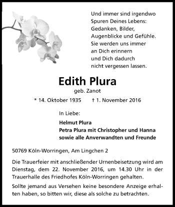 Anzeige von Edith Plura von Kölner Stadt-Anzeiger / Kölnische Rundschau / Express