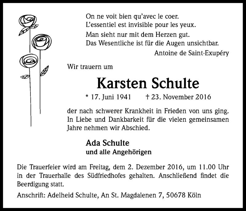  Traueranzeige für Karsten Schulte vom 26.11.2016 aus Kölner Stadt-Anzeiger / Kölnische Rundschau / Express